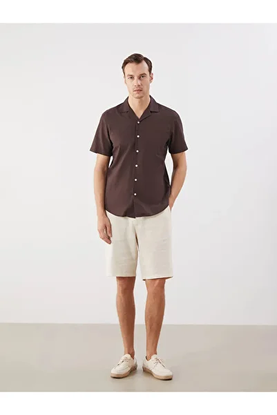 LC Waikiki Lcwaikiki Classic Brown Regular Fit Resort Collar Short Sleeve Linen Blend Men's Shirt