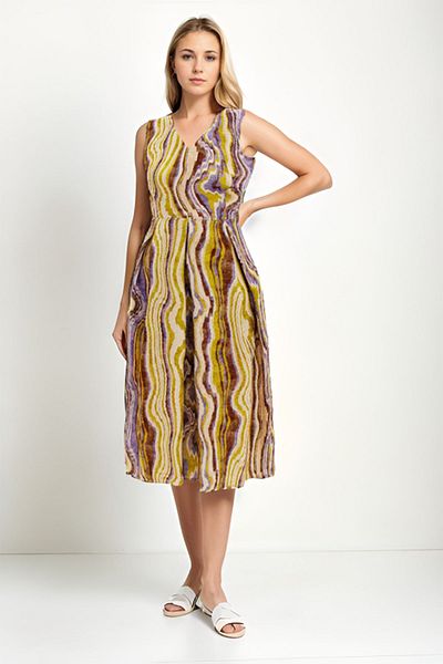 Vitrin Self Patterned V Neck Pleated Dress