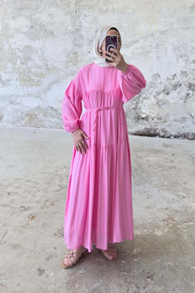 Hatun Atila Μακρύ φόρεμα με δεμένη μέση 8850 - Ροζ