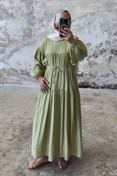 Hatun Atila Μακρύ φόρεμα με δεμένη μέση 8850 - Πράσινο