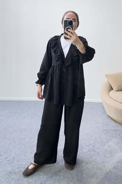 Hatun Atila Ruffle Neck Tie-Up Tunic and Wide Leg Pants Set 8845 - Black