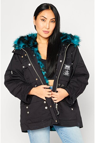 Diesel جاكيت نسائي من الفرو الصناعي قابل للعكس، أزرق مخضر