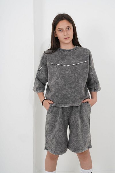 HayKids Girl's Oversize Washed Two Thread Fabric Shorts Set