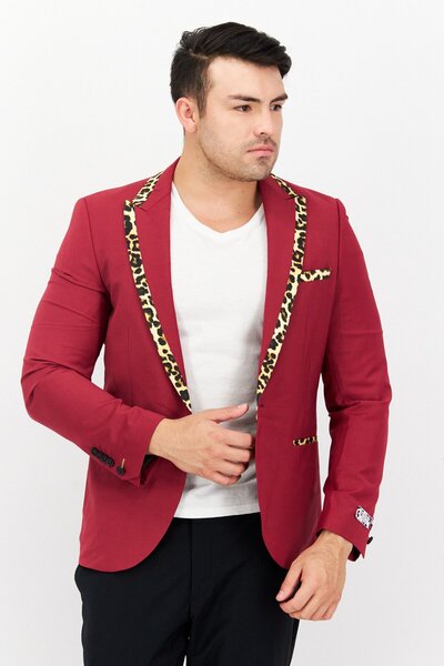 Twisted Tailor Men Regular Fit Leopard Pattern Long Sleeve Suit Jacket, Maroo...