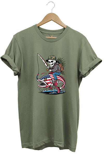 WİDİ Μπλουζάκι με σχέδιο Fishing Piranha και Skeleton με στάμπα 100% βαμβακερή κανονική εφαρμογή