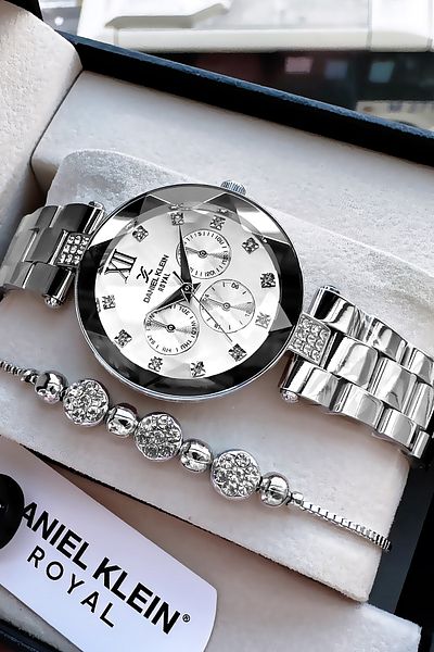 Daniel Klein Original Cutout Glass Waterproof Women Wristwatch Silver Color Steel Cord Gift Wristband Dkby2040C4