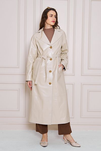 By Marki Marki Women's Genuine Leather Trench Coat – Beige, V-Neck, Belted, Button Closure, Oversize, 120 cm - 117222