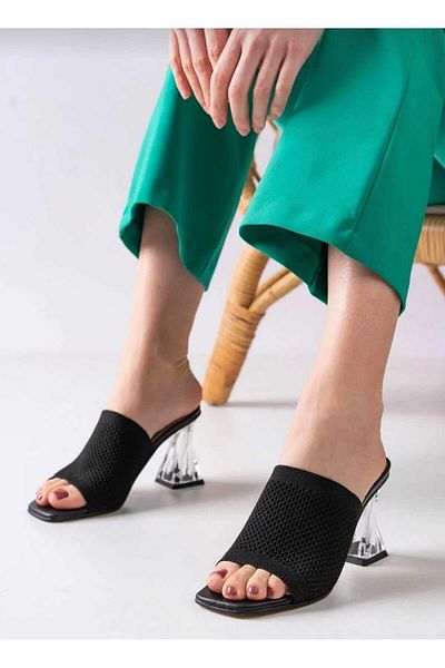 WEBORN Women's Black Daily Comfortable Sheer Heeled Knitwear Stylish Evening Dress Summer Slippers