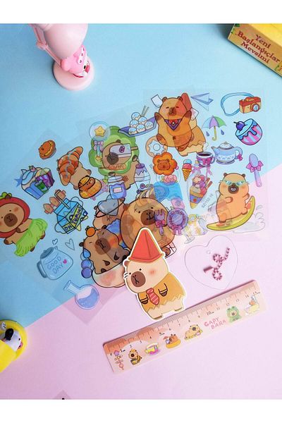 şengül takı evi Capybara Kapibara 4 Sheets Sticker Keychain Ruler Stationery Set