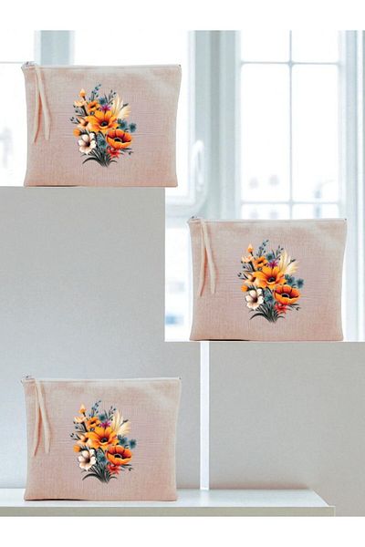 lili hediyelik Geantă de machiaj din 3 piese imprimată buchet de flori 20x25 cm - Cadou de aniversare pentru femei Produs cadou pentru femei