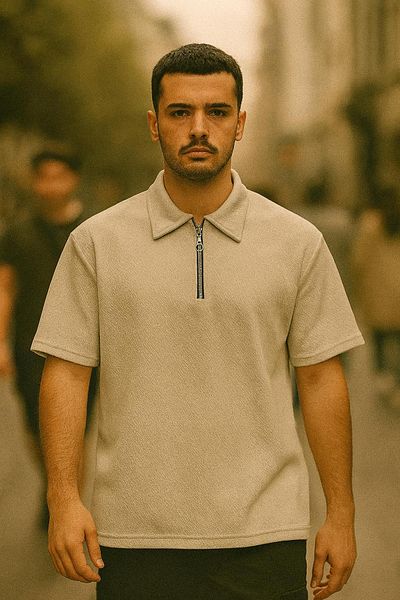 DAMGA JEANS Ανδρικό μπλουζάκι με μισό φερμουάρ Basic Cream Polo Collar