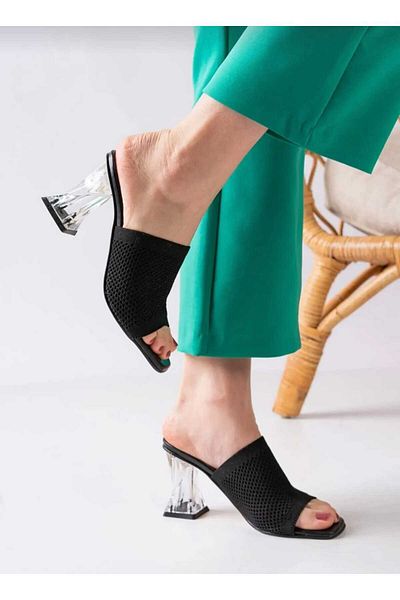 WEBORN Women's Black Daily Comfortable Sheer Heeled Knitwear Stylish Evening Dress Summer Slippers