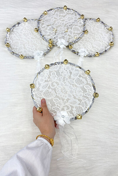 ZEYMERADE Beyaz Gelin Nedime Tefi Dantel, 3D Çiçek Süslemeli, Düğün Kına Gece...