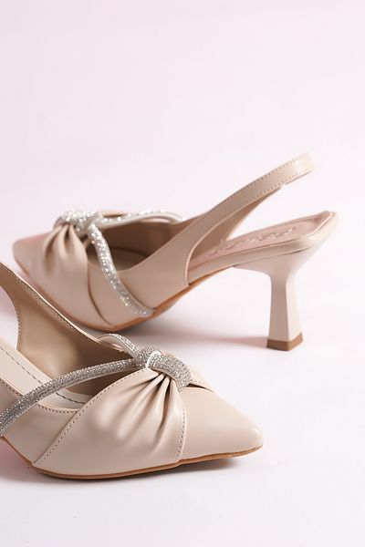 Hvz Stone Detailed Bow Pointed Toe Heeled Women's Shoes - Evening Dress & Special Occasion