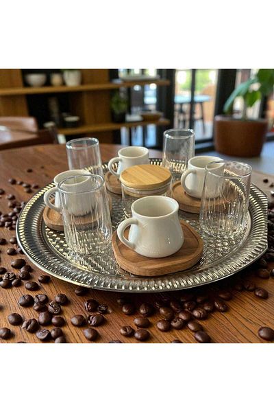 Noah Exclusive 10 Pieces Turkish Coffee Presentation Set - 34 cm Tray - 4 Coffee Cup with Plate - 4 Coffee Cups - Dolmahan