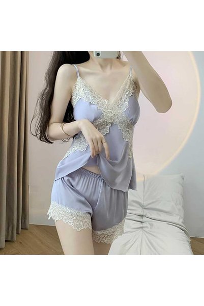 Caprisious Women's Silk Satin with Lace Pajama Set - Elegant Set with Shorts, V-Neck Lace Nightwear