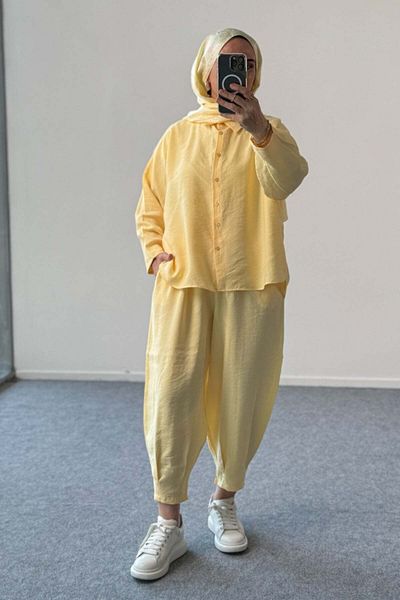 Hatun Atila Modal Fabric Oversize Shirt and Baggy Trousers Double Suit 5210 - Yellow
