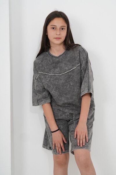 HayKids Kız Çocuk Oversize Yıkamalı İki İplik Kumaş Şortlu Takım