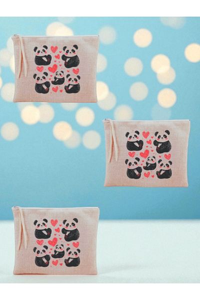 lili hediyelik Heart Panda Printed 3 τεμαχίων τσάντα μακιγιάζ 20x25 cm - Τσάντα μακιγιάζ ταξιδιού
