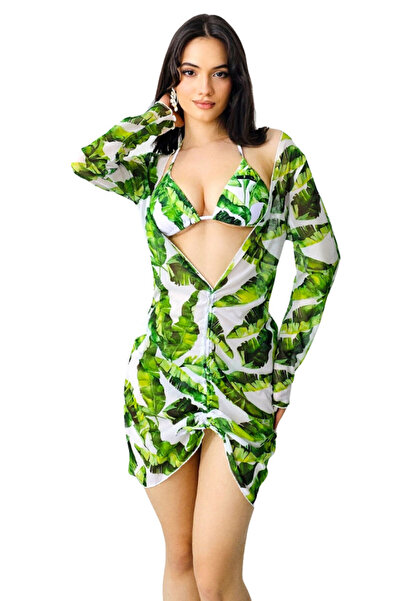 FashionForYou Set de plaja trei piese Ameline, costum de baie reglabil si rochie cu snur reversibil, Verde Amazon