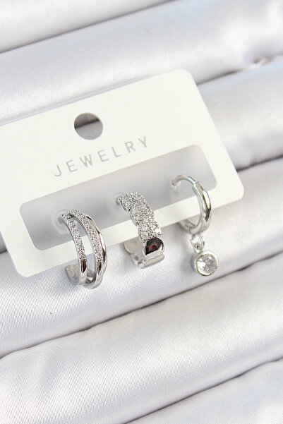 Leyaton Lwlhmrs-Ieg Ieg ™   Brass Zircon Stone Hoop Model Silver Color 3-Piec...