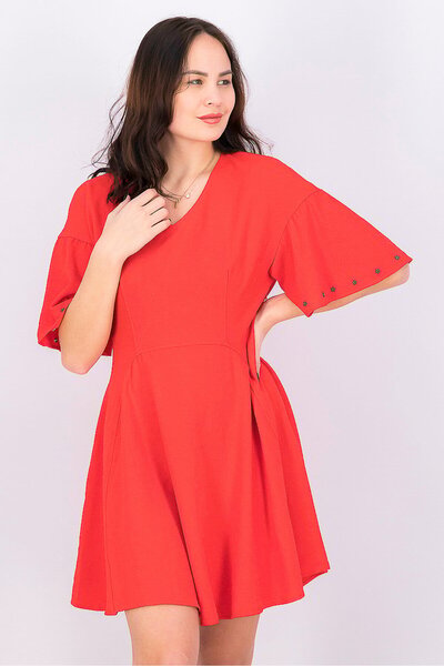 Scotch & Soda Women V-neck Bell Sleeve Plain Fit and Flare Dress, Red