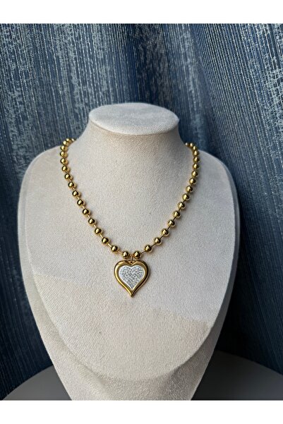 Chic Charms Topcuk Zincirli Kalp Uçlu İçi Beyaz Minimalist Altın Renkli Paslanmaz Hipoalerjenik Çelik Kolye