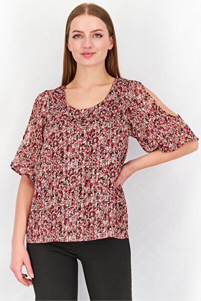 İkks بلوزة نسائية معدنية بأكمام باردة ورقبة على شكل هالتر، لون أحمر غامق