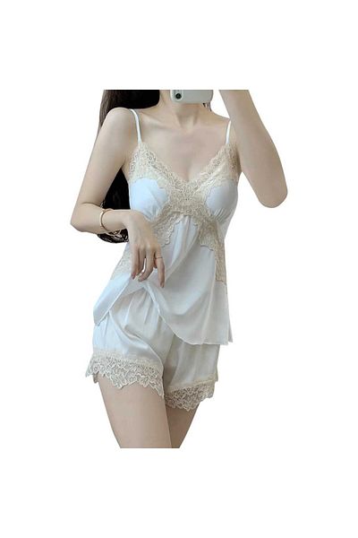 Caprisious Women's Silk Satin with Lace Pajama Set - Elegant Set with Shorts, V-Neck Lace Nightwear