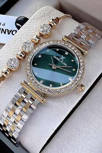 Daniel Klein Stoned Case Waterproof Women Wristwatch Gold Gumus Green Color Steel Cord Gift Bracelet Dkby2042C3