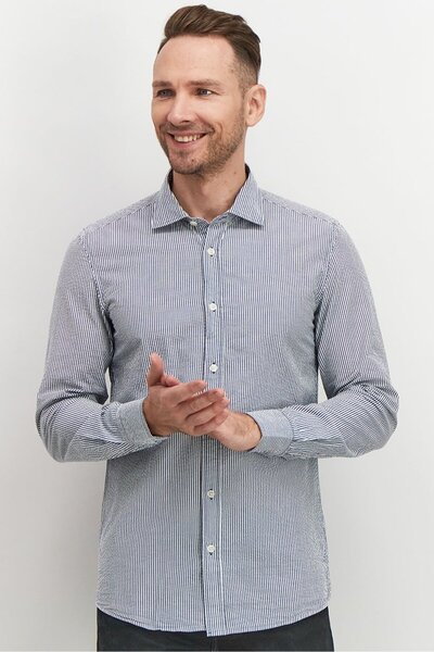 Antony Morato Men Spread Collar Long Sleeve Stripe Casual Shirt, White and Navy