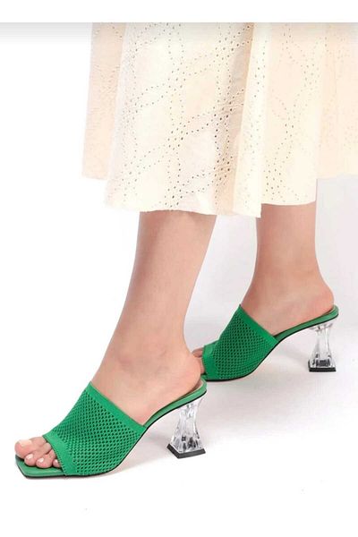 WEBORN Women's Green Daily Comfortable Transparent Heeled Knitwear Stylish Evening Dress Summer Slippers