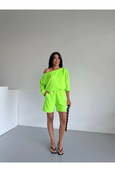hazelin Women's Neon Green 2 Thread Boat Neck Blouse Shorts Bottom Top Set Hzl25S-120511