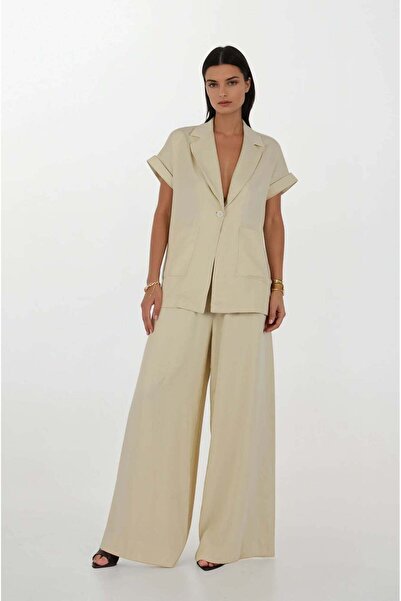 FABB مجموعة سترة بنطلون تانسيل بالازو باللون الأصفر