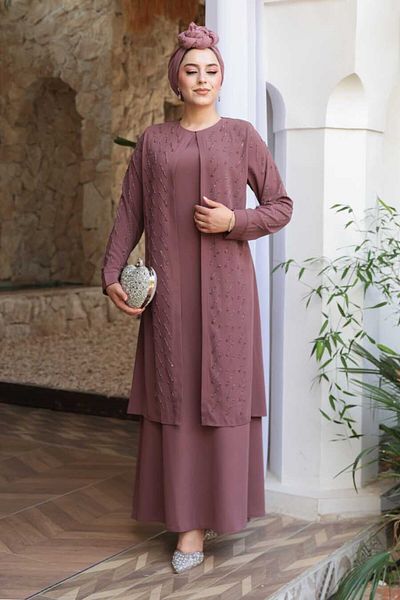 N.S NEVA STYLE Χάντρες Κεντημένο Dusty Rose Hijab Abaya 29120GK