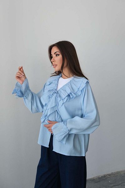Hatun Atila Bluză cu mânecă lungă cu detaliu de șireturi cu volane 8834 - Albastru