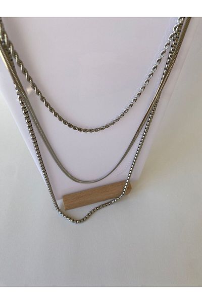 marsel aksesuar Steel Triple Long Chain Silver Necklace