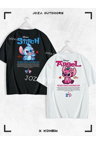Joza Outdoors Femei Bărbați Lilo Angel Stitch Scris BACK Imprimat Cuplu Iubitor Combinație Tricou oversize Set de 2