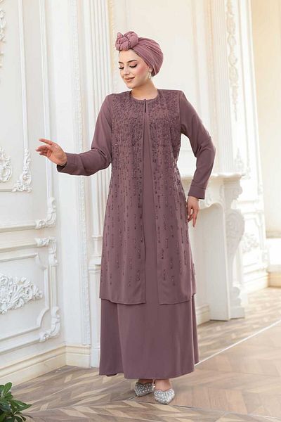 N.S NEVA STYLE Χάντρες Κεντημένο Dusty Rose Hijab Abaya 29119GK