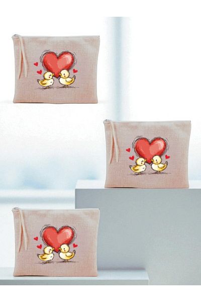 lili hediyelik Heart And Chick Printed 3 τεμαχίων τσάντα μακιγιάζ 20x25 cm - Γυναικείο δώρο γενεθλίων Γυναικείο προϊόν δώρου