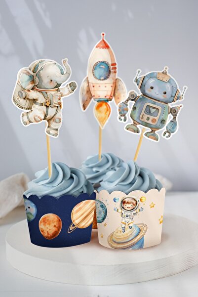 MSticker Astronotlar Ve Uzay Figürleri Temalı Doğum Günü Konsepti Süsleme Seti , Cupcake Süsü Flama Etiket