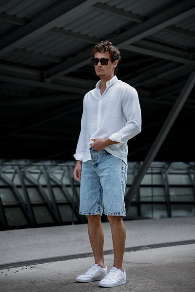 Newtime Men's Relaxed Fit Baggy Fit 100% Cotton Ice Blue Snow Wash Denim Shorts