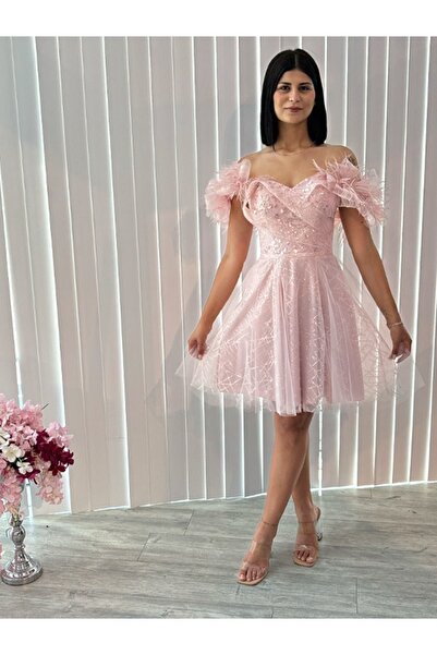 Always Dress Pudra rengi kolları detaylı kısa boy elbise