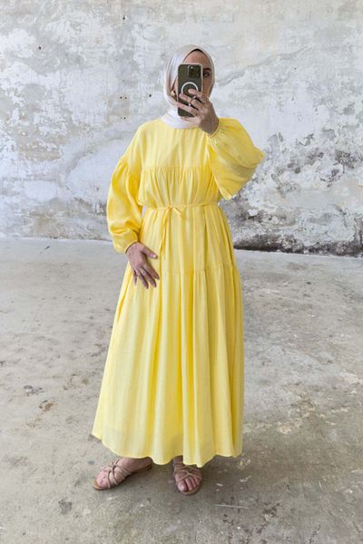 Hatun Atila Rochie lungă în straturi cu legare în talie 8850 - Galben