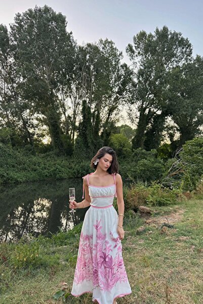 mylove Palmiye Desen Keten Elbise Pembe