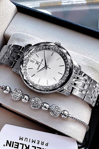 Daniel Klein Stoned Cutting Glass Waterproof Women Wristwatch Silver Color Steel Cord Gift Bracelet Dkby2041C4
