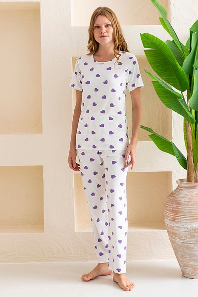 GİYSA Women's Crew Neck Short Sleeve Heart Pattern Pajamas Suit White Purple - 6016