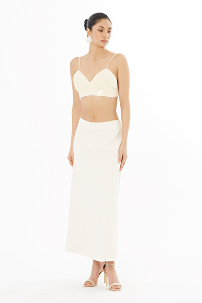GİZİA Arkası Pensli Midi Boy Bej Etek