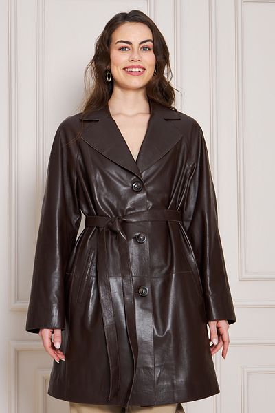 By Marki Marki Women's Genuine Leather Trench Coat – Brown, V-Neck, Belted, Button Closure, Oversize, 90 cm - 117122