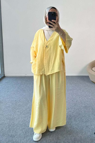Hatun Atila Buttoned V-Neck Cardigan and Wide-Leg Trousers Double Suit 8852 - Yellow
